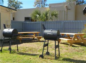 Picnic area with charcoal barbecue grills and picnic tables