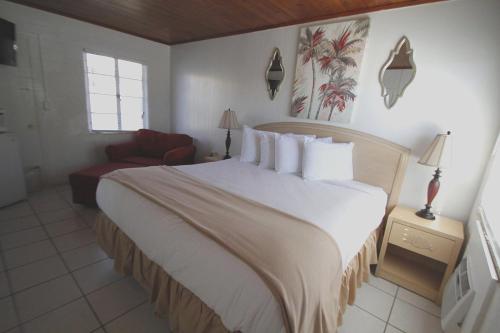 King room with one king bed, tropical artwork, and tiled floors